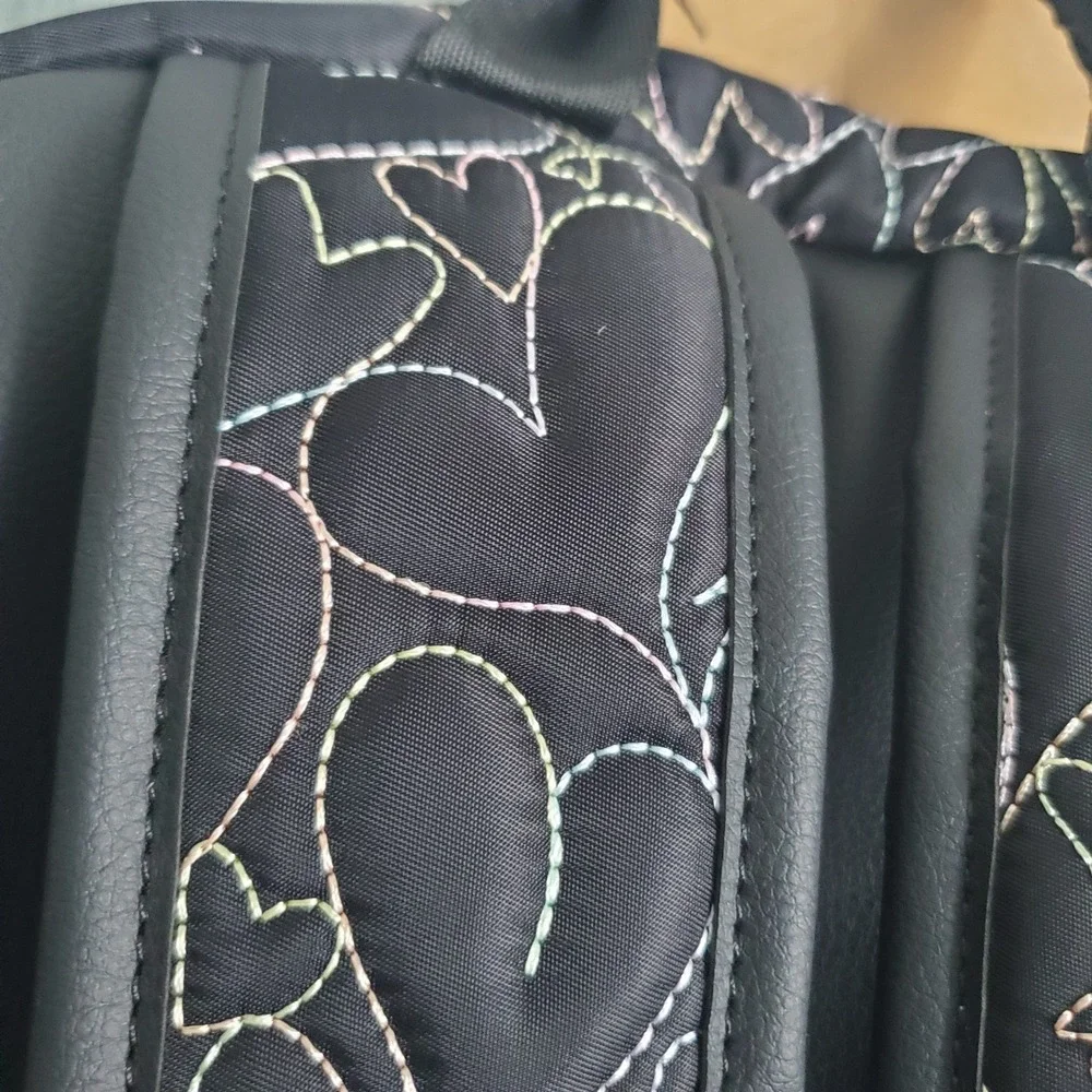 Luv Betsey Johnson Black Quilted Heart Backpack Rainbow Stitching and bag 2p set
